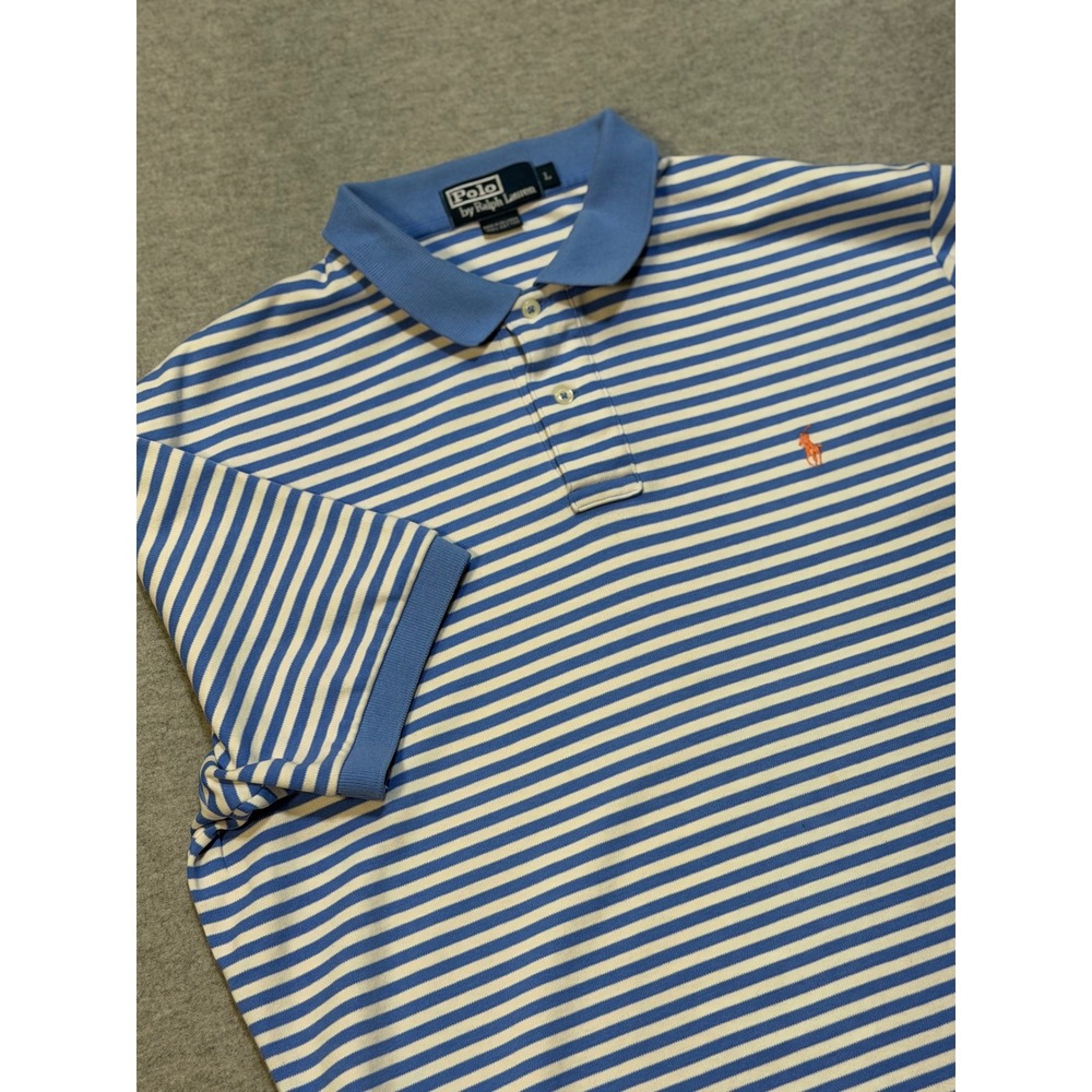 Polo Ralph Lauren Mens Large Blue White Striped Polo Shirt Orange Pony
